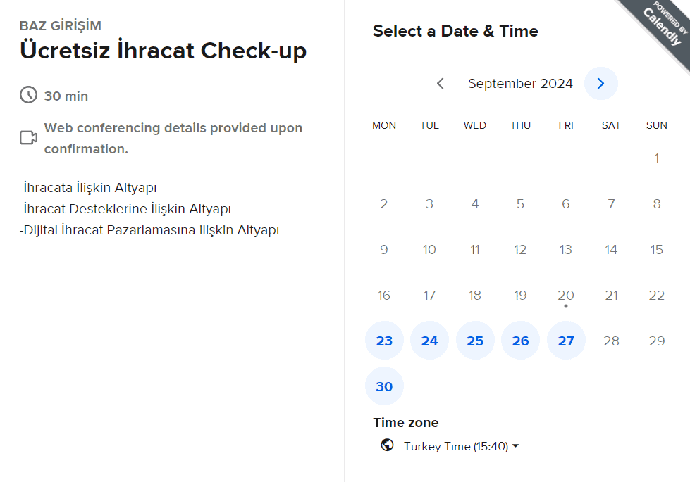 Calendly aracılığıyla Baz Girişim'den randevu tarihi almak için kullanılan panel.