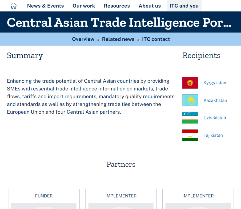 https://intracen.org/our-work/projects/central-asian-trade-intelligence-portal-cati websitesinden bir görüntü.