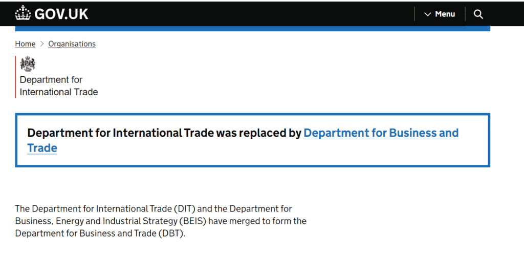 İngiltere Hükümeti web sitesinde yer alan, Uluslararası Ticaret Bakanlığı'nın İş ve Ticaret Bakanlığı olarak yeniden yapılandırıldığını duyuran bildiri