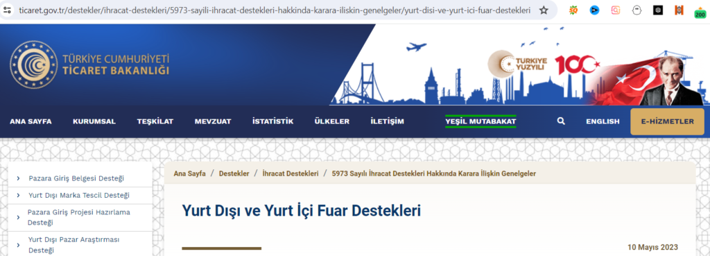 Türkiye Cumhuriyeti Ticaret Bakanlığı websitesi ''Yurt Dışı ve Yurt İçi Fuar Destekleri'' sayfası