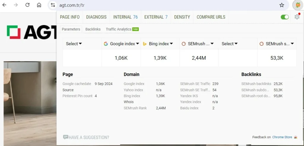 SEO Quake eklentisi ile AGT Ağaç Sanayi ve Ticaret websitesinin otorite, sayfa, backlinks ve otorite gibi bilgilerini gösteren paneli