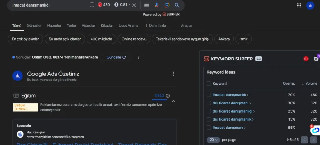 Google'da ihracat danışmanlığı aramasında sağ tarafında çıkan Keyword Surfer'da gözüken ihracat danışmanlığının arama kelimeleri ve arama hacimleri 
