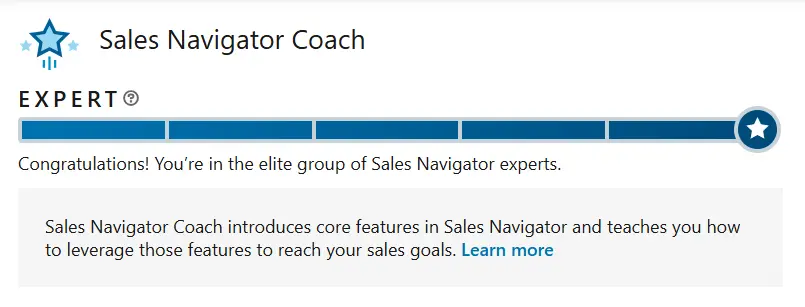 Sales Navigator Coach: LinkedIn Sales Navigator kullanımında uzmanlık seviyesine ulaşan kullanıcılar için başarı sertifikası ekranı.