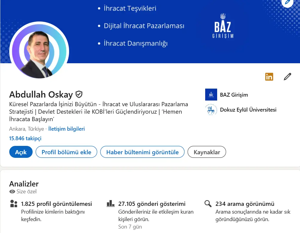 LinkedIn profil analizi örneği: Profil görüntülenmeleri, gönderi gösterimleri ve arama görünümleri gibi performans metrikleri yer alıyor.