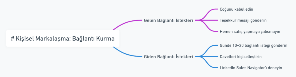 Bağlantı kurma stratejilerini gösteren diyagram. Gelen bağlantı istekleri ve giden bağlantı istekleri için öneriler yer alıyor.