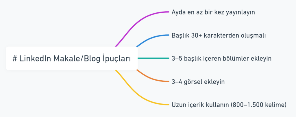 LinkedIn'de makale ve blog yazarken dikkat edilmesi gereken stratejiler. Başlık uzunluğu, görsel sayısı ve içerik uzunluğu gibi detaylar listelenmiş.